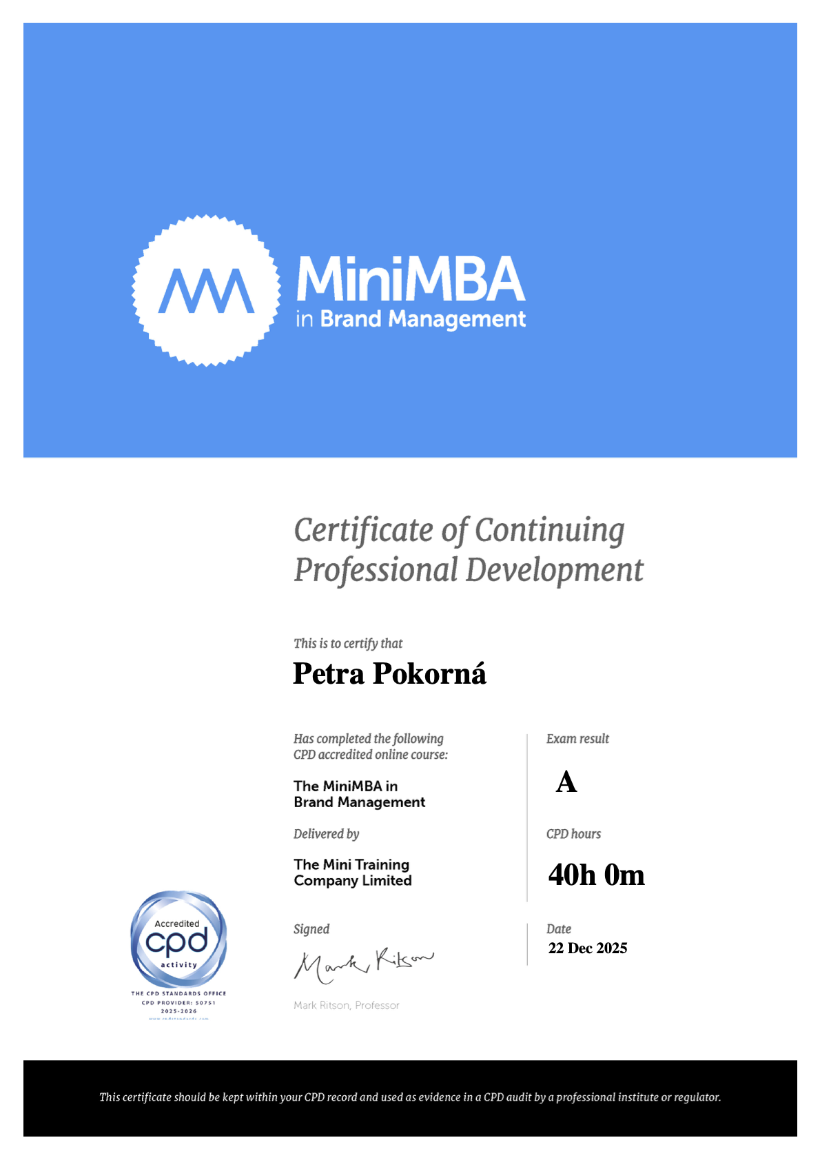 MiniMBA in Brand Management — certifikát Petra Pokorná